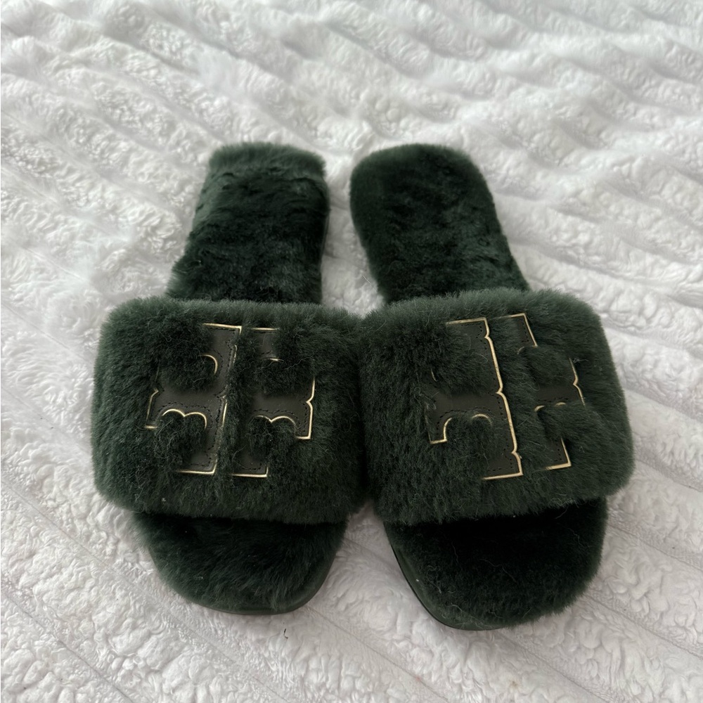 Tory Burch Dark Green Fur Slippers